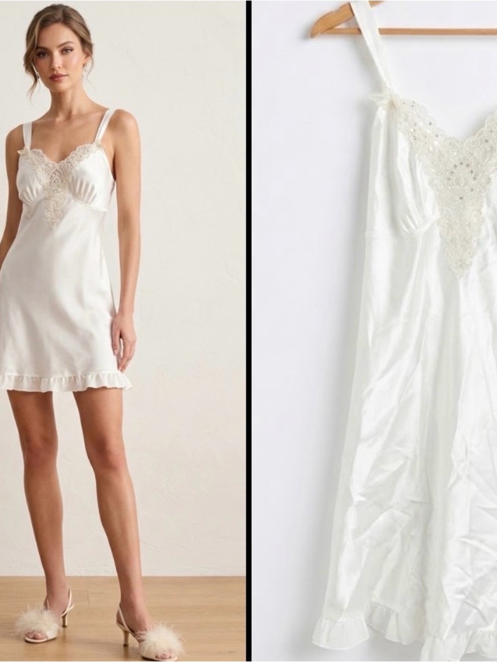 Vintage slip dress Linea Donatella Embellished Bridal Satin Chemise White Slip M